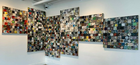 900 Days. Oil, acrylic, metallic leaf, graphite, paper, duralar, mat board, thread, staples, screws, wire, glaziers’ points, and metal findings on 9 panels @ 30” x 30” each (overall dimensions variable depending on arrangement), 2017 - 2022 | $36,000