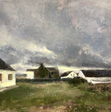 Grey and White Houses, Inisheer. Oil on panel, 24” x 24”, 2026 | $3,600