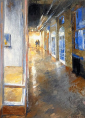 Hallway in Blue and Gold. Oil on panel, 16” x 12”, 2025 | SOLD