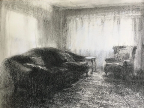 Livingroom. Charcoal and chalk on paper, 18” x 24”, 2025 | $1,900