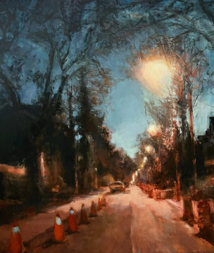 Street with Pylons. Oil on panel, 42” x 36”, 2025 | $5,500