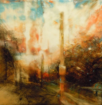Autumn Streetsign. Charcoal, oil and pastel on mylar, 5" x 4.75", 2012 SOLD
