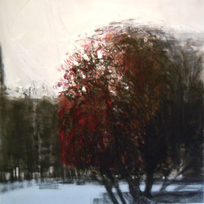Winter Twilight, Banff. Charcoal and oil on mylar, over acrylic on paper, 18" x 18", 2010 SOLD
