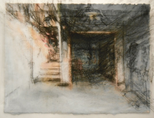 Going up. Charcoal on vellum over acrylic on paper, 5" x 6.5", 2010 | $220 (unframed)