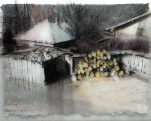 Sheds and firewood, Banff. Charcoal on vellum over acrylic on paper, 5" x 6.5", 2010 SOLD