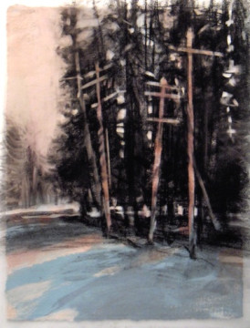 Tree poles, Banff. Charcoal on vellum over acrylic on paper, 5" x 6.5", 2010 SOLD