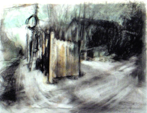 Corner Fence, Banff. Charcoal on vellum over acrylic on paper, 5" x 6.5", 2010 | $220 (unframed)