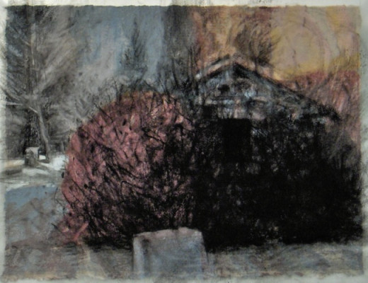 Stone house, Banff. Charcoal on vellum over acrylic on paper, 5" x 6.5", 2010 SOLD