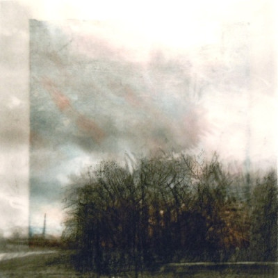 Clouds and Trees. Charcoal on vellum over acrylic on paper, 5.25" x 5.25", 2012 SOLD