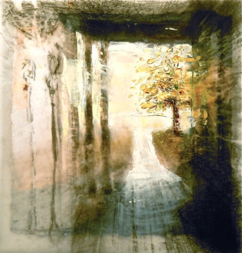 Gone. Charcoal and oil on vellum over acrylic on paper, 8" x 8.5", 2011 | SOLD