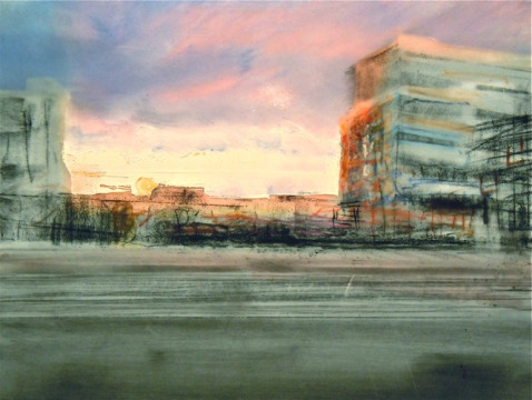 Hoardings at Sunset. Charcoal and oil on mylar over acrylic on paper, 5" x 6.5", 2012 SOLD