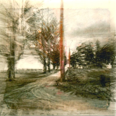 Lane with Pole. Charcoal on vellum over acrylic on paper, 5.25" x 5.25", 2012 | $220 (unframed)