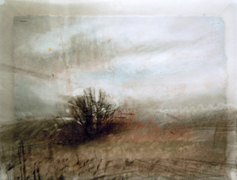 Lone Tree. Charcoal on vellum over acrylic on paper, 5" x 6.5", 2012 SOLD