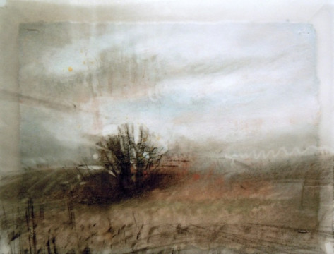 Lone Tree. Charcoal on vellum over acrylic on paper, 5" x 6.5", 2012 | SOLD