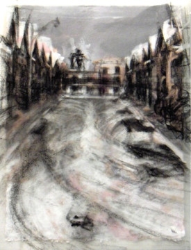 No parking. Charcoal on vellum over acrylic on paper, 5" x 6.5", 2010 SOLD