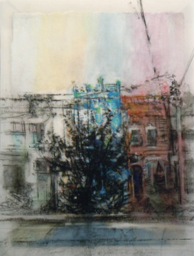 Black Tree. Charcoal on vellum over acrylic on paper, 5" x 6.5", 2011 SOLD