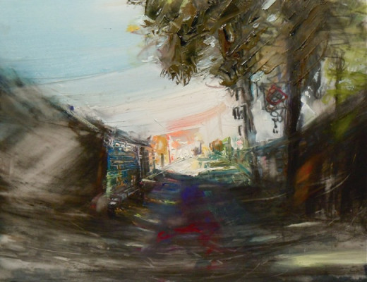 Summer Laneway. Charcoal and oil on mylar, 5" x 6.5", 2011 SOLD