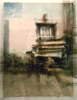 Blocked Door. Charcoal on vellum over acrylic on paper, 5" x 6.5", 2010 SOLD
