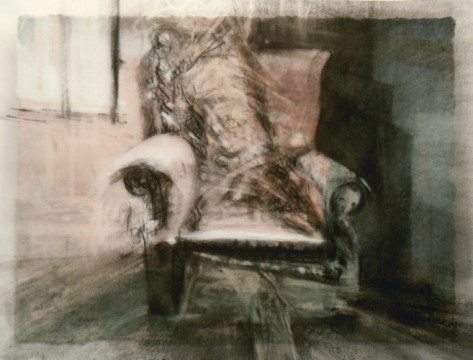 Disupholstered Chair. Charcoal on vellum over acrylic on paper, 5" x 6.5", 2010 SOLD