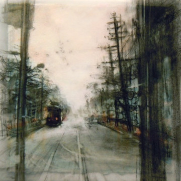 Queen Street. Charcoal on vellum over acrylic on paper, 5.25" x 5.25", 2010 SOLD
