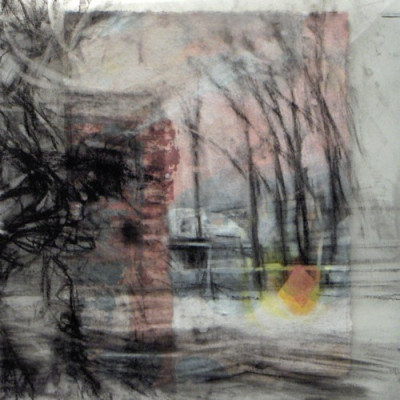 Cold Trees. Charcoal on vellum over acrylic on paper, 5" x 5", 2010 SOLD