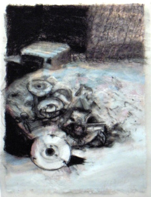 Junk. Charcoal on vellum over acrylic on paper, 5" x 6.5", 2010 SOLD
