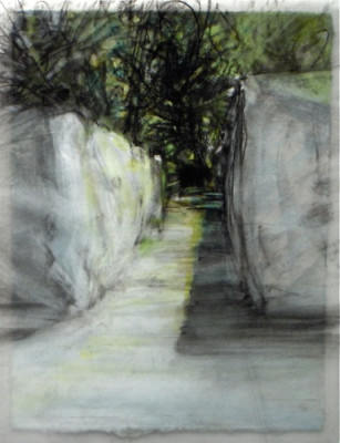 Shrouded overpass. Charcoal on vellum over acrylic on paper, 5" x 6.5", 2010 SOLD