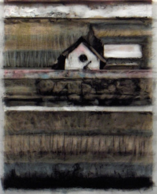 Birdhouse. Charcoal on vellum over acrylic on paper, 5" x 6.5", 2010 SOLD