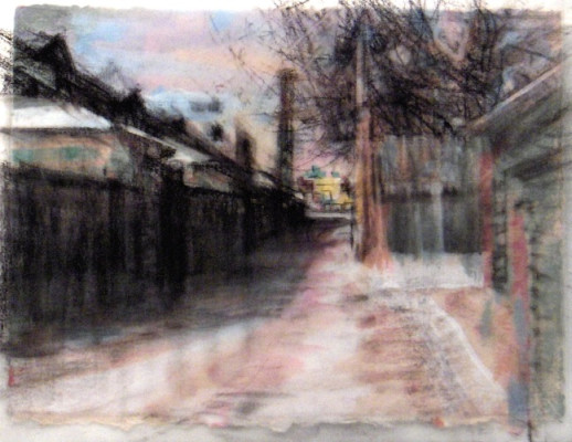 Alley. Charcoal on vellum over acrylic on paper, 5" x 6.5", 2010 SOLD