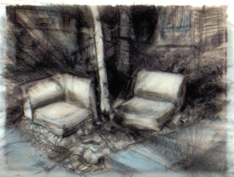 Landscape with chairs. Charcoal on vellum over acrylic on paper, 5" x 6.5", 2010 | $220 (unframed)