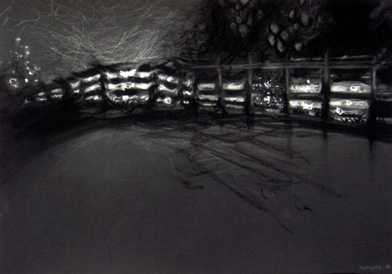 Parking garage at night. Charcoal and chalk pastel on paper, 14" x 20", 2009  SOLD