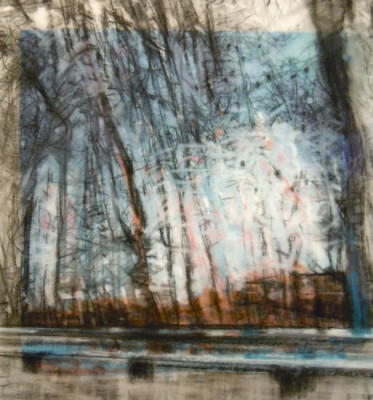 Trees and Guardrail. Charcoal on vellum over acrylic on paper, 7" x 7.5", 2011 SOLD