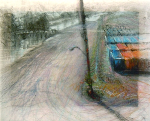 Containers. Charcoal amd pencil on vellum over acrylic on paper, 5.75" x 7", 2011 SOLD