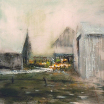 Barns. Oil and charcoal on mylar, 5" x 5", 2011 SOLD