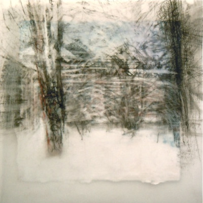 Secret Lane. Charcoal on vellum over acrylic on paper, 6"x 6", 2012 SOLD