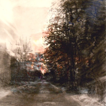 Street with Trees. Charcoal on vellum over acrylic on paper, 5.25" x 5.25", 2012 | SOLD