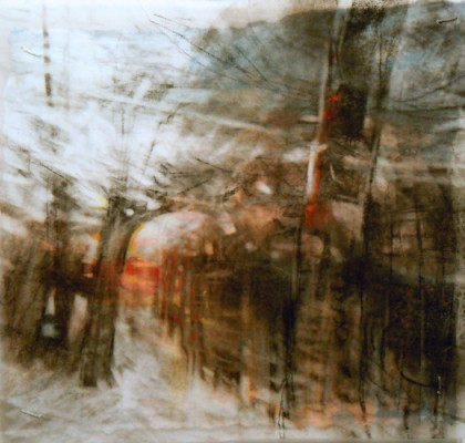 Through Trees. Charcoal on vellum over acrylic on paper, 5" x 5.25", 2012 SOLD
