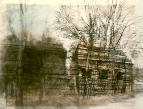 Tree House. Charcoal on vellum over acrylic on paper, 5" x 6.5", 2012 | $220 (unframed)