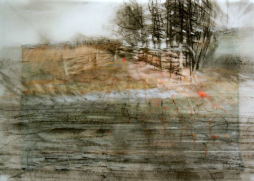 Tree Hedge. Charcoal on vellum over acrylic on paper, 5" x 6.75", 2012 SOLD