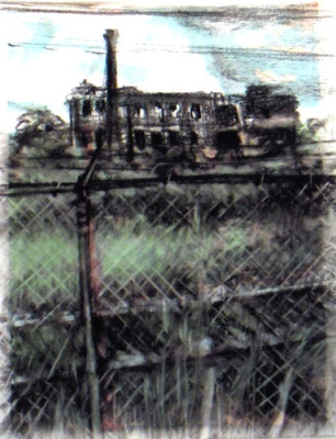 Wabash revisited. Charcoal on vellum over acrylic on paper, 5" x 6.5", 2010  | $220 (unframed)