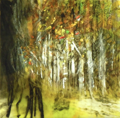 Birch Grove. Oil and charcoal on mylar, 3.5" x 3.5", 2013  SOLD