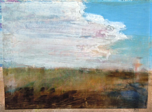 Clouds over Field. Oil stick on duralar over acrylic on paper, 6" x 4.5", 2014  | SOLD