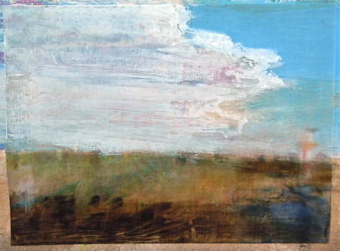 Clouds over Field. Oil stick on duralar over acrylic on paper, 4.5" x 6“, 2014 | SOLD