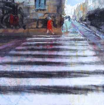 Crosswalk, Copenhagen. Oil and charcoal on mylar over acrylic on paper, 3.5" x 3.5", 2015 SOLD