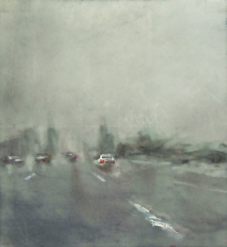 Deluge. Oil and charcoal on mylar over acrylic on paper, 5" x 5.25", 2014 SOLD