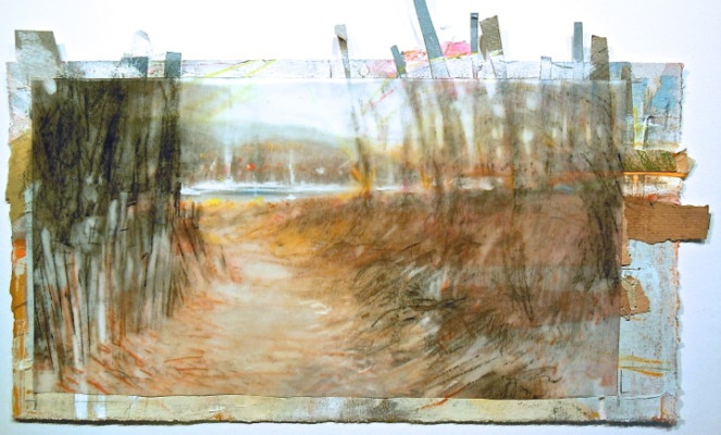 Fence Path. Charcoal on vellum over acrylic and collage on paper, 11" x 6" (irregular), 2014  SOLD