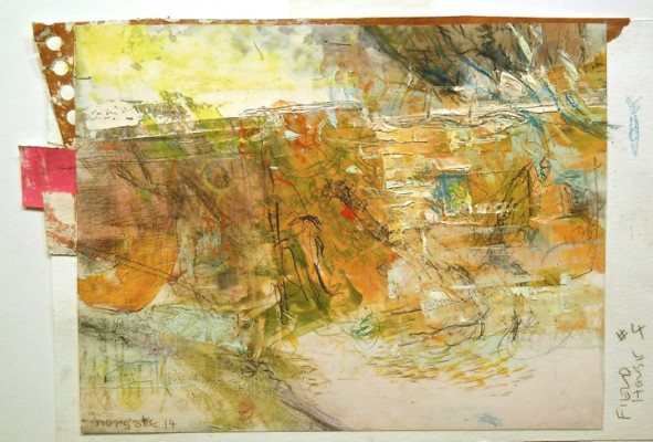 Field House #4. Oil, charcoal and pencil on mylar over acrylic on paper, 7.5"x 5.25", 2014  SOLD