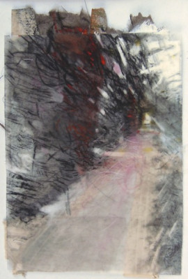 Hedge Opening, Assistens Cemetary, Copenhagen. Charcoal on vellum over acrylic and collage on paper, 6.5" x 4.5", 2015 | SOLD
