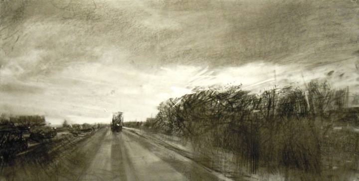 Highway with Rain. Charcoal on vellum, 8.25" x 16.25", 2014  SOLD
