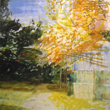 Path with Fence. Oil & oil stick on mylar over acrylic on canvas, 12" x 12", 2014 | SOLD